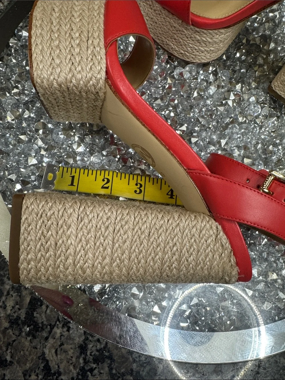 Michael Kors leather coral Red Platform Espadrille Heels with Gold Buckle logo